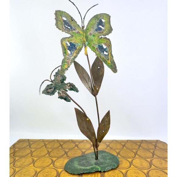 Vintage 1970s butterflies copper sculpture, enamel painted metal, 19.5" tall - Picture 2 of 10